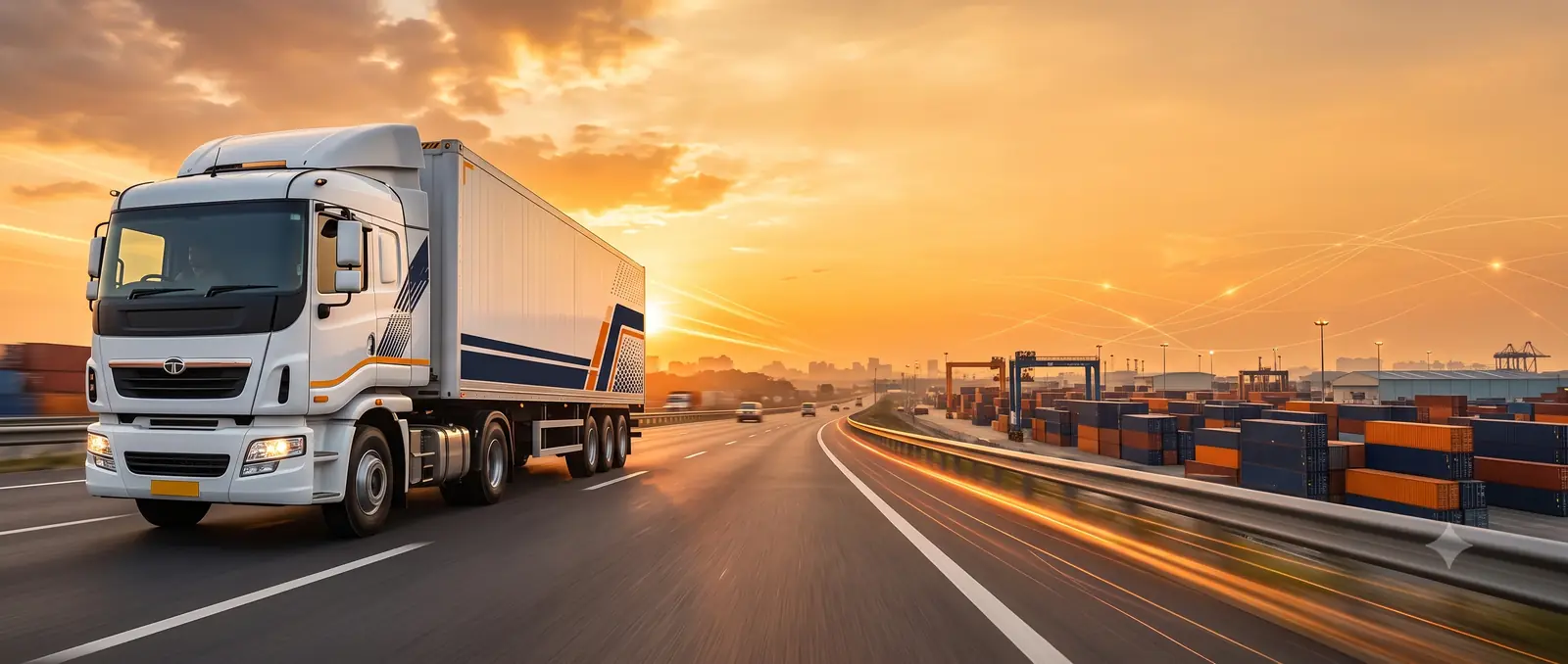 Jai Sri Kalkaji Logistics truck on the highway at sunrise