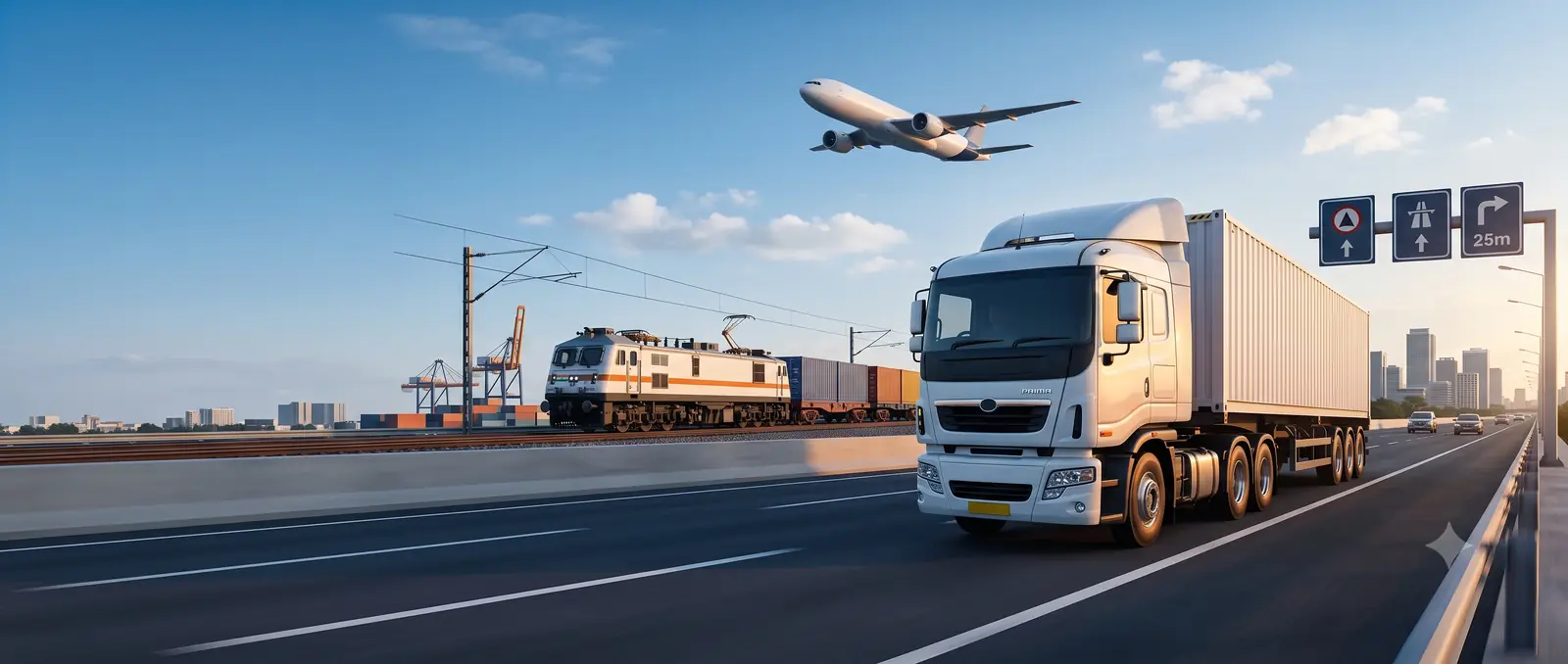 Air cargo aircraft, container train and cargo trucks moving freight across India