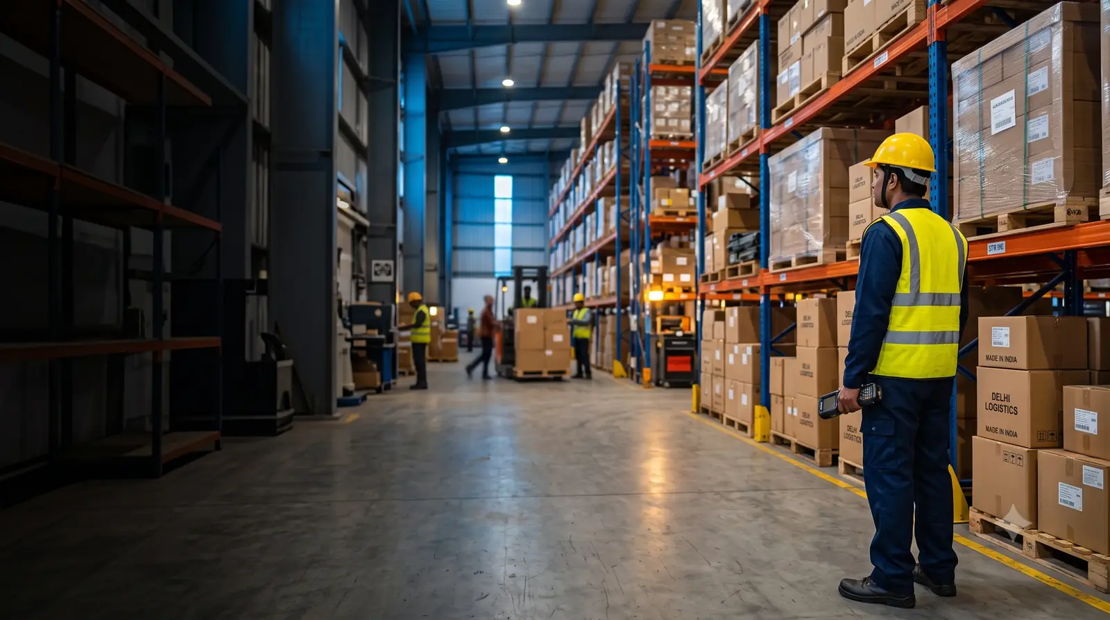 Warehouse team handling packed cargo at Jai Sri Kalkaji Logistics